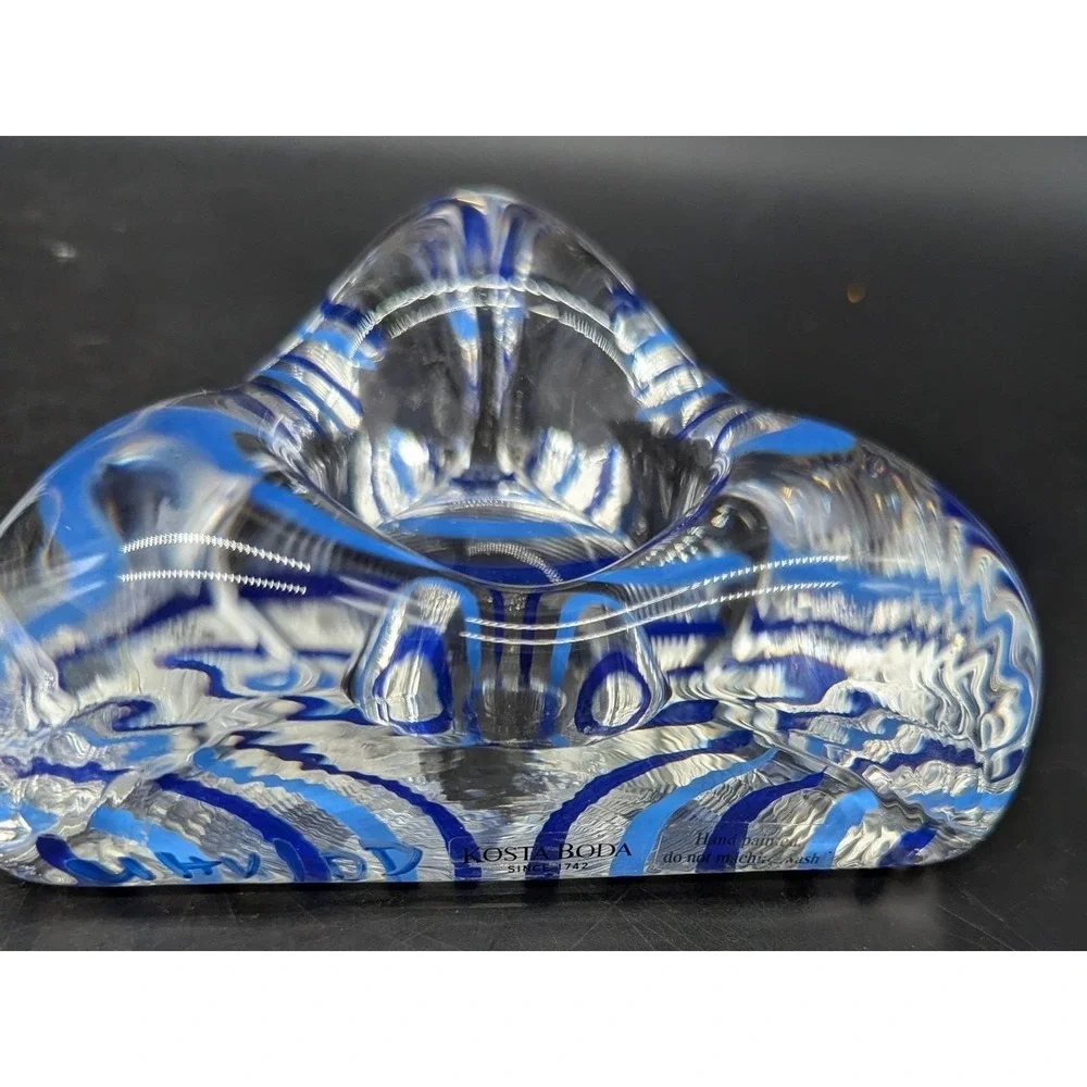 Set/2 Kosta Boda Piece Of Cake Triangle Signed Votive Candle Stripe Cobalt Blue